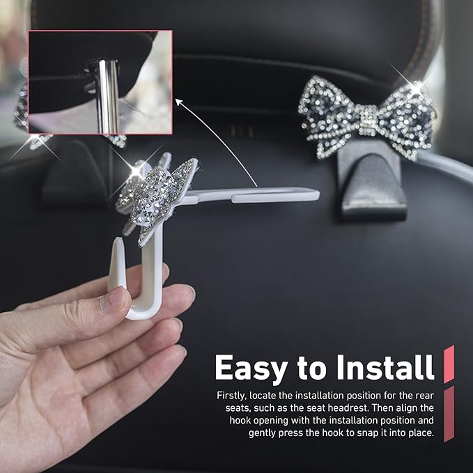 2 PCS Car Headrest Hooks, Cute Bowknot Auto Seat Back Hangers for Purses Bags Coats, Bling Rhinestone Interior Storage Organizer Hooks, Universal for Cars SUVs Trucks (Black)