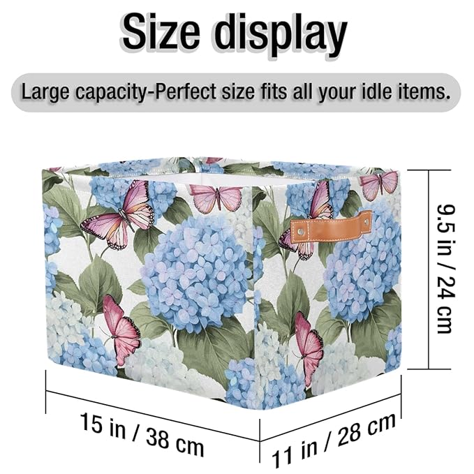 Blue Hydrangea Flowers Storage Baskets for Organizing, Fabric Collapsible Storage Bins Box Pink Butterfly Decorative Toy Organizer Baskets for Closet Shelves Gift Basket 2Pcs