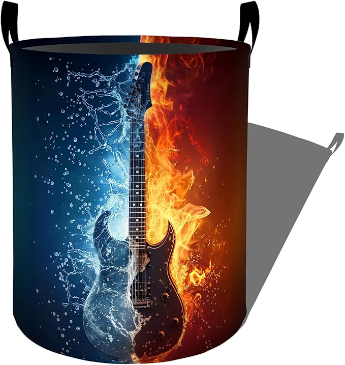 Cool Electric Guitar with Fire and Water Laundry Basket with Handles, 19.7"x15.7" Clothes Foldable Laundry Hamper Organizer for Dorm Nursery Bedroom Bathroom Decor, Toy Storage Bin for Kids