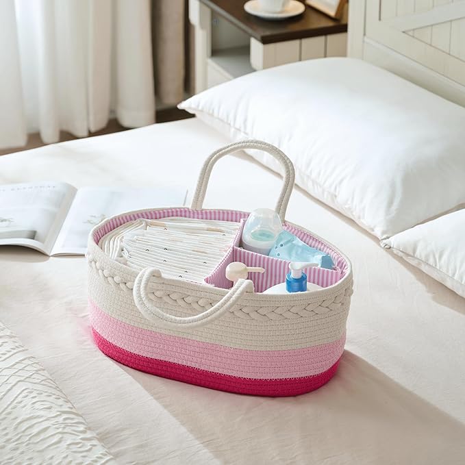 luxury little Diaper Caddy Organizer, Large Cotton Rope Nursery Baby Basket, Changing Table Organizer for Baby Diaper Storage, Portable Car Organizer Removable Divider (Pink, Large)