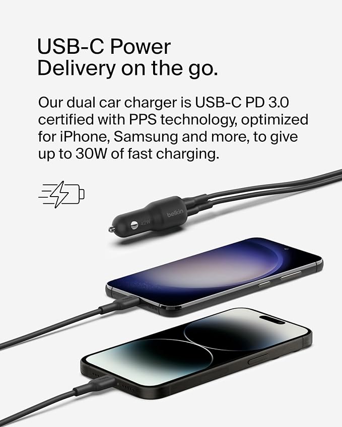 Belkin BoostCharge Dual Car Charger 42W w/Fast Charge USB-C 30W PPS & 12W USB-A Ports + USB-C to Lightning Cable for Apple iPhone 16, Pro, Pro Max, iPhone 15, & More - Black