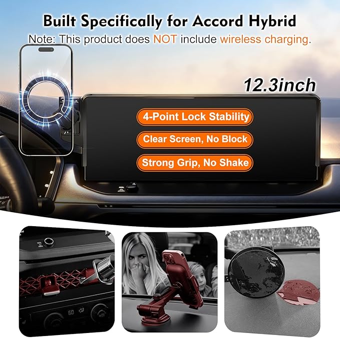 Magnetic Car Phone Mount for Honda Accord Hybrid 2023 2024 2025 2026 Only, 11th Gen Accord 12.3" Display Accessories, Snap-On Dashboard Screen Holder for MagSafe iPhone Android, Sport Touring EX-L