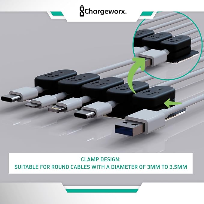 CHARGEWORX Pack of 5 Magnetic Cable Clips, Adhesive Cord Organizer for Desk, Nightstand, Wall or Car, Wire Holder for USB-C, Lightning and Micro-USB Cables, Black