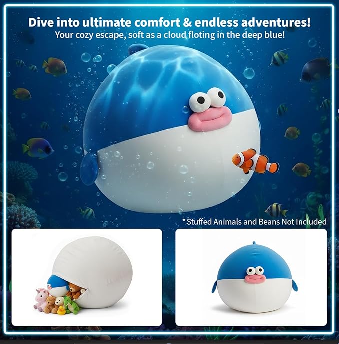Kids Bean Bag Chair Cover Stuffed Animals Storage - Soft Plush Washable Pufferfish Bean Bag Chair for Boys & Girls, XLarge Toy Storage Organizer Blue Fat Fish Cover Only Without Filling