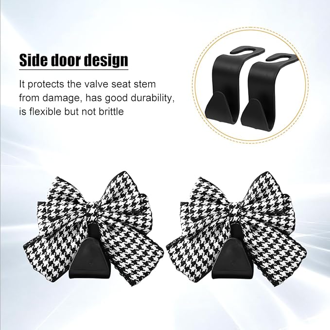 Cute Bow Car Seat Headrest Hooks, 2PCS Multifunctional Vehicle Rear Seat Hanging Hooks, Automotive Interior Seatback Storage Organizer for Purses Bags, Universal Fit (Black/Houndstooth)