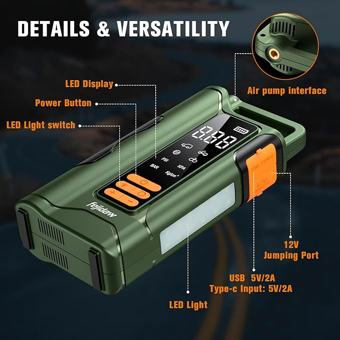 Jump Starter with Air Compressor,5000A Car Battery Jumper Starter, 16000mAh Battery Jumper Starter Portable for 10L Gas/Diesel Engine with 160PSI Booster,LED Display & Light,Jumper Cables