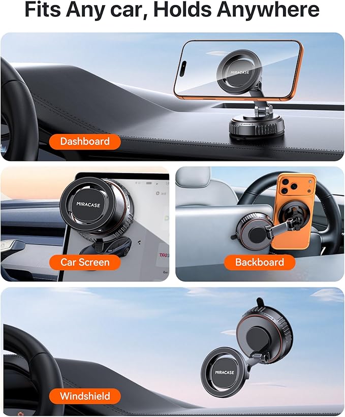 Miracase for MagSafe Car Mount [3600gf Strong Magnet & 89+LBS Suction Base] Vacuum Magnetic Phone Holders for Your Car, 360° Adjustable Dashboard & Windshield Mount for iPhone17-12 Pro Max Plus Air