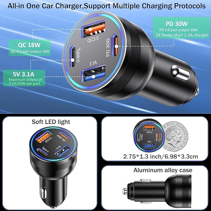 65W USB C Car Charger, 5 Pack 4-Port PD Super Fast Charging Type C Car Charger for Multiple Devices, Cigarette Lighter Adapter, USBC Phone Adapter for iPhone 17/16/15 Pro Max,Samsung S25,iPad,Pixel