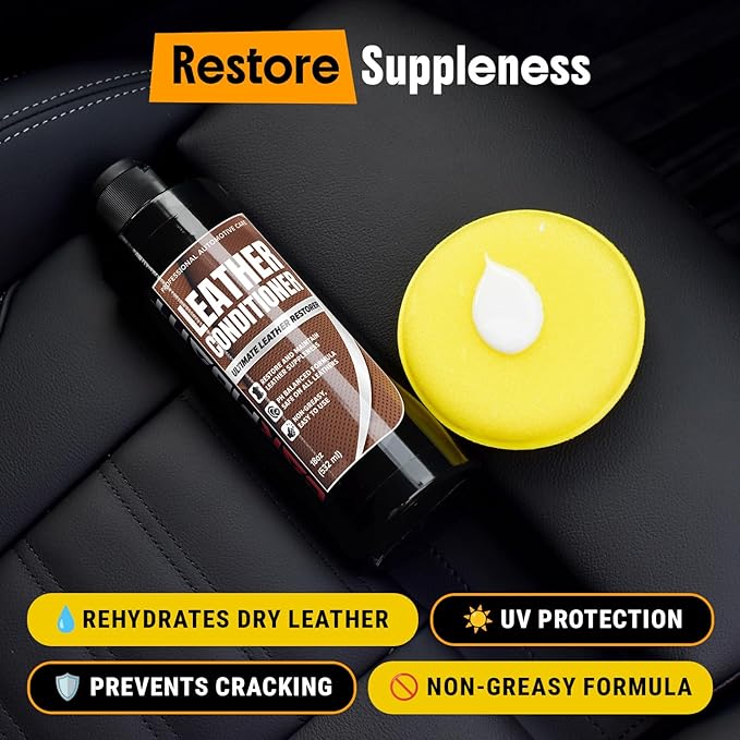 Car Leather Cleaner and Conditioner - pH Neutral, Non-Toxic & Non-Greasy - Gently Cleans, Restores and Protects Leather Seats and Interior - Safe for Leather Furniture, Couch & Sofa - 36 fl. Oz. Kit