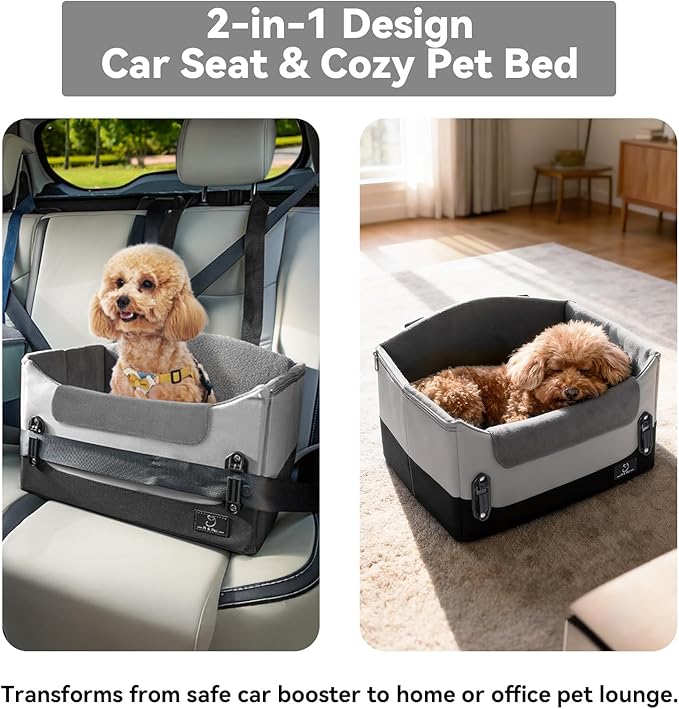 A 4 Pet Dog Car Seats for Small Dogs Under 25lbs – Safety Travel Booster Seat with Patent Buckles, Adjustable Leash – Reduces Anxiety & Road Trips – Frame Support for Cars, SUV, Pickup