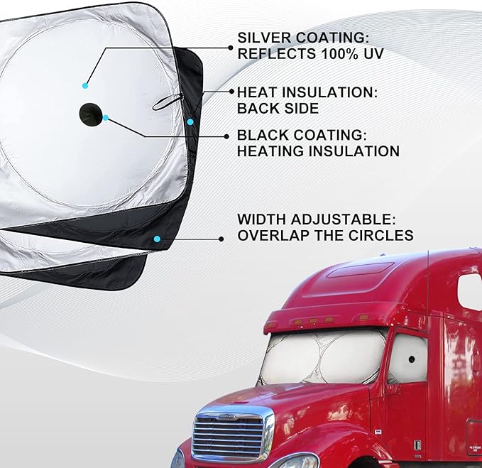 Semi-Truck Sun Shade for Windshield and Side Window | Sunshade Maximum Coverage Windshields for Truck - Block UV Sun Heat Rays - Best for Semi, Commercial & Big Rig Truck, RV（Side Windows Suction Cup）