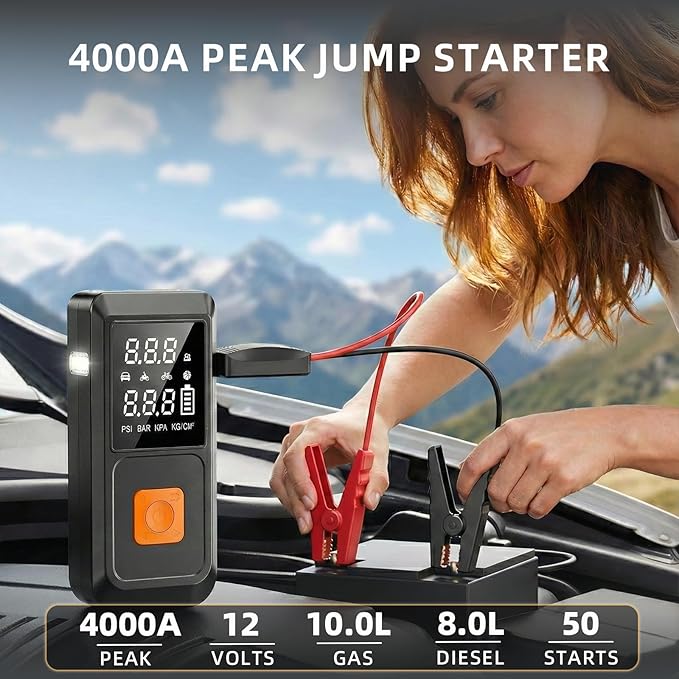 GOLDFOREST 4000A Jump Starter with Air Compressor, Portable Car Battery Jumper Starter (10L Gas/8L Diesel), 150PSI Jump Box with Auto-Shutoff Tire Inflator, LED Light, Power Bank - Car Emergency Kit