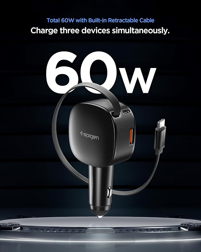 Spigen 60W Retractable Car Charger, Fast USB C Car Phone Charger, Quantum Boost Car Adapter for iPhone 17 Pro max, 17 Pro, 17, 17e, 16, 15, 14, Samsung Galaxy S25 S24, Google Pixel, Car Accessories