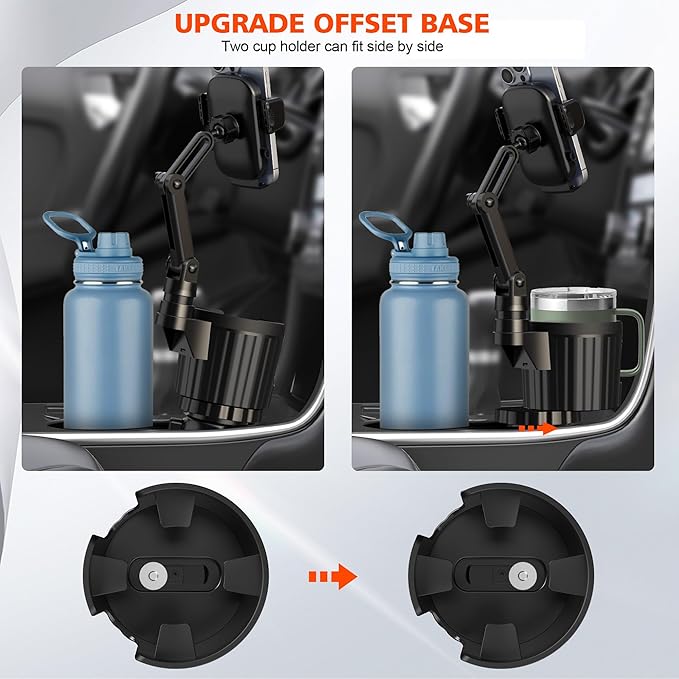 Newlest 2 in 1 Phone Mount for Car Cup Holder with Adjustable Base, Holders for Car Cupholder, No Shaking 360° Flexible Neck Phone Mount for All 4-7” Smartphones, Cup Holder for Most Bottles