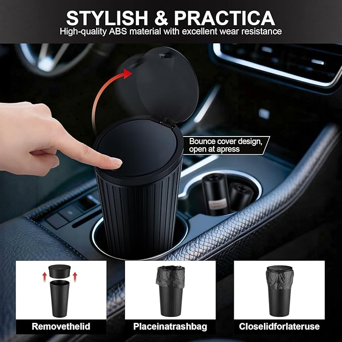 SINGARO Car Trash Can with Lid, Leakproof Mini Garbage Bin for Car Cup Holder, Small Trash Can for Vehicle, Home & Office - Includes 30 Bags, Easy Clean (Black)