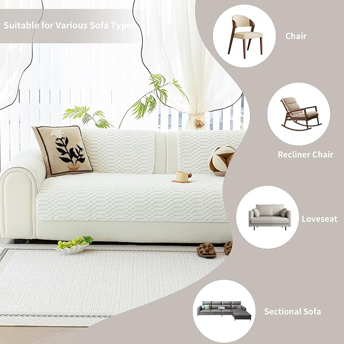 Plush Warm Sofa Covers Washable, Funny Fuzzy Couch Cover for Dogs Washable, Non-slip Couch Covers for Sectional Sofas, Soft Sofa Slipcover for Pet & Kid(1PC, Beige White, 36"×94", Single Seater)
