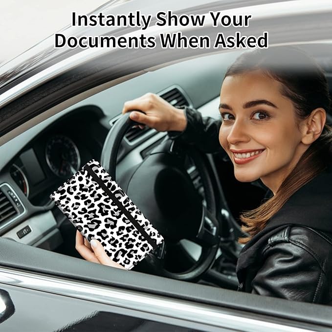 Car Registration and Insurance Card Holder, Premium Leather Vehicle Wallet Cover for Glove Box Car Organizer Drivers License / Cards / ID - Essentials Document Holder, White Cheetah Leopard Print