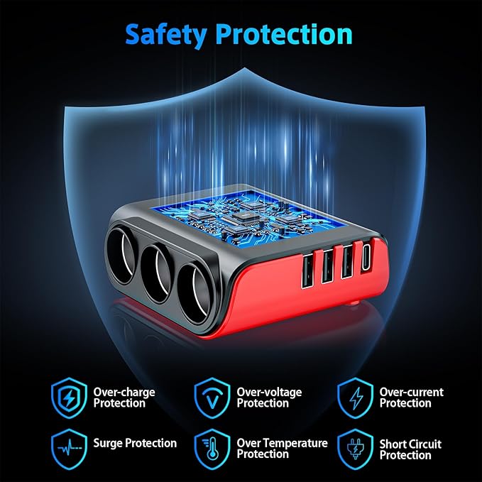 7 in 1 Cigarette Lighter Splitter, SONRU 3 Sockets Cigarette Lighter Splitter with PD Ports 3 Fast Charging USB Ports, 120W 12V/24V DC Independent Power Switches & LED Voltage Display