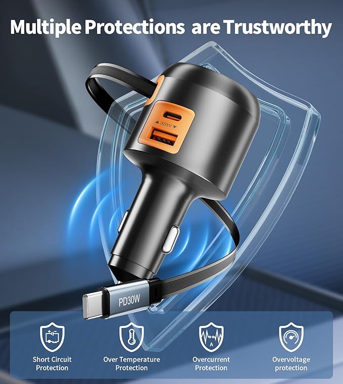 XXZU 60W 3 in 1 Retractable Car Charger, USB C & USB A 3-Port Cigarette Lighter Adapter,Fast Charging Charger Compatible with iPhone 17/16/15/14/13/12/11,iPad,Galaxy,Pixel,Android