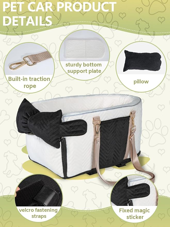 Prpeko Small Dog Car Seat, Portable Dog Seat with Soft Washable Cushion,Center Console Dog Car Seat for Small Dogs Up to 13lbs(White)