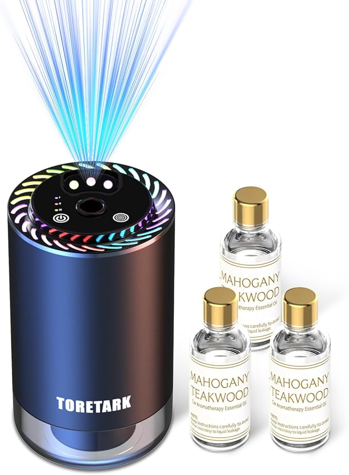 Smart Car Air Freshener with Star Light & 150ml Diffusers Oil Refills, Auto On/Off Aroma Diffuser, 3 Adjustable Modes Rechargeable Aromatizante para Carro - Car Diffuser（Mahogany Teakwood*3）