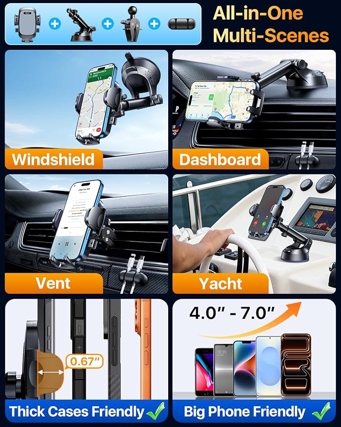 YRU [True Upgrade for Safety] Car Phone Holder Mount [Patent & Military-Grade] Dashboard Cell Phone Holder for Car Vent Windshield Phone Stand for iPhone 17 16 15 14 13 Pro Max Truck Samsung (Grey)