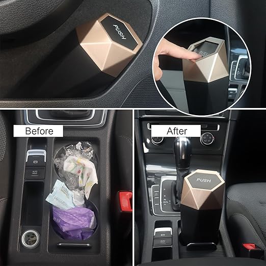 Car Trash Can Bin,Small Garbage Can with Lid,Automotive Cup Holder Mini Cars Trashcan,Portable Cute Cars Door Trash Cans,Women Car Dustbin (1Pcs, Gold)