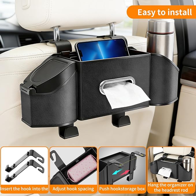 7-in-1 Multifunctional Car Seat Back Organizer, Car Back Seat Storage Box Trash Can & Cup Holder with Tissue Box, Hooks, Universal Fit for Most Cars, SUVs, Trucks (Black.)
