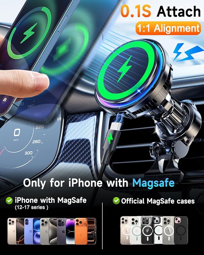 TEC&Fan Cooling Magnetic Wireless Car Charger, For Magsafe Car Mount Fast Charging, Vacuum/Air Vent Car Phone Holder [120LBS Ultra Suction Cup&3000gf Magnet] Dashboard Car Bracket for iPhone/Samsung
