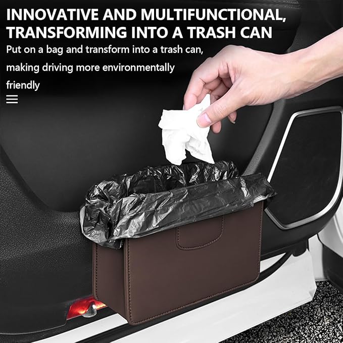 Car Trash Can, Leather Auto Garbage Bin, Magnetic Litter Storage Container, Mini Portable Foldable Vehicle Interior Hanging Dustbin Accessories, Universal for SUV, Truck, RV（Brown）