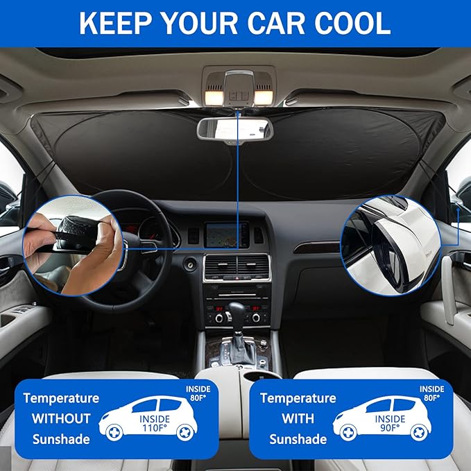 Car Windshield Sun Shade, Funny Car Eyes Sun Visor Wear-Resistant Black Tape, Foldable 63.7" L x 32" W