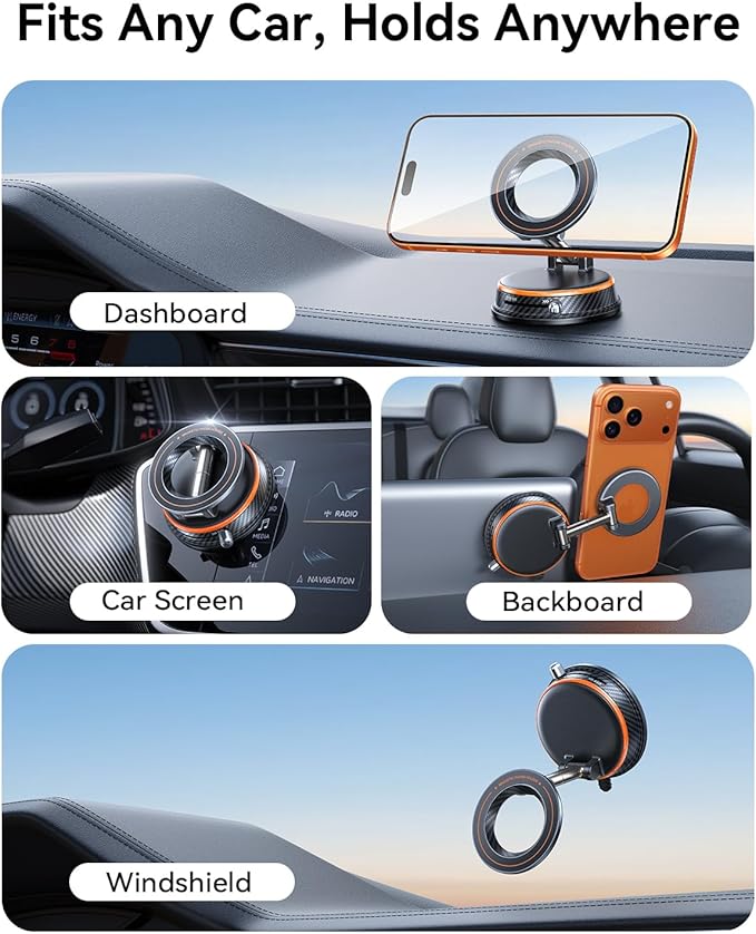 Upgraded Car Phone Holder for Magsafe [108+LBS Strongest Suction & 3000gf Magnetic] Vacuum Magnetic Phone Holders for Your Car 360° Adjustable Car Phone Mount for iPhone & Android Orange