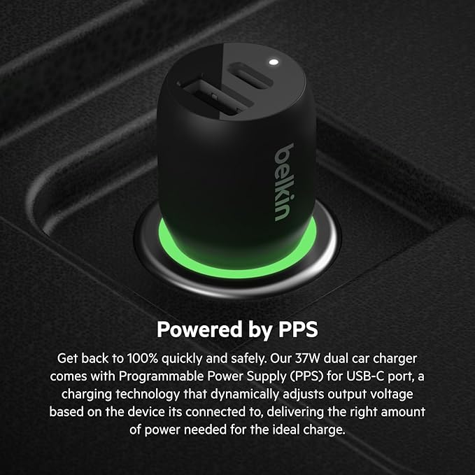 Belkin 37-Watt Dual USB Car Charger - Power Delivery 25W USB-C Port & 12W USB-A Port for PPS Charging Apple iPhone, Samsung Galaxy, AirPods, & More
