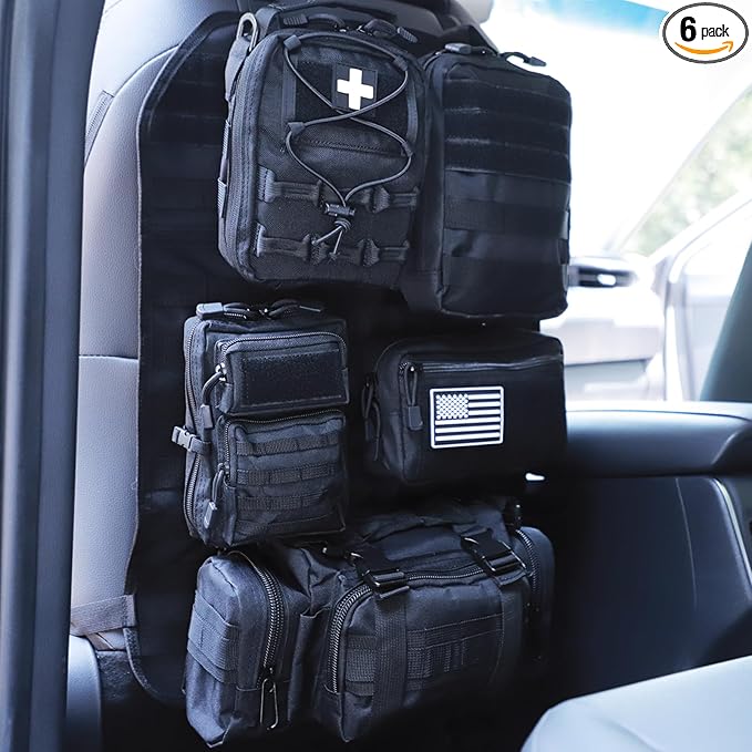 Universal Tactical Car Seat Back Organizer Bag Tactical Molle Vehicle Organizers Panel Vehicle Protector Organizers with 5 Detachable Pouches for Car (Upgraded B black)
