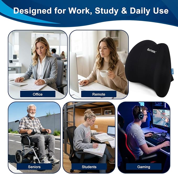 QUTOOL Lumbar Support Pillow for Office Chair, Memory Foam Low Back Support,Back Pain Relief, Ergonomic Back Cushion for Desk Chair,Gaming Chair,Adjustable Strap and Washable Cover