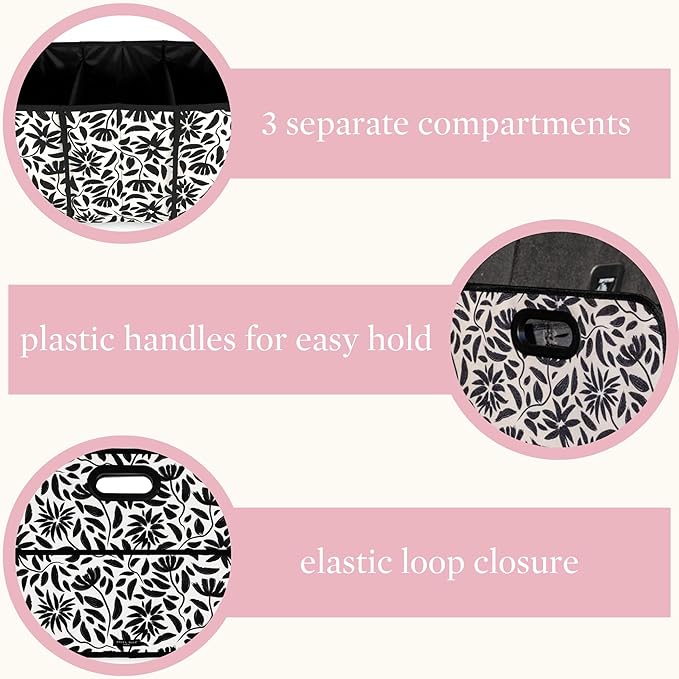 Steel Mill & Co Car Storage Bin, Car Accessories for Women, Cute Diaper Caddy/Trash/Grocery Tote for Vehicle, Trunk Organizer with Compartments, Hand Drawn Black Floral