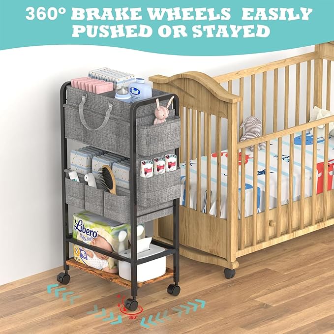 2In1 Baby Diaper Caddy & 4-Tier Rolling Diaper Cart, Diaper Caddy Organizer Cart with Dividers & Drawer, Mobile Metal Bedside Cart for Nursery Essentials Storage, Large Capacity