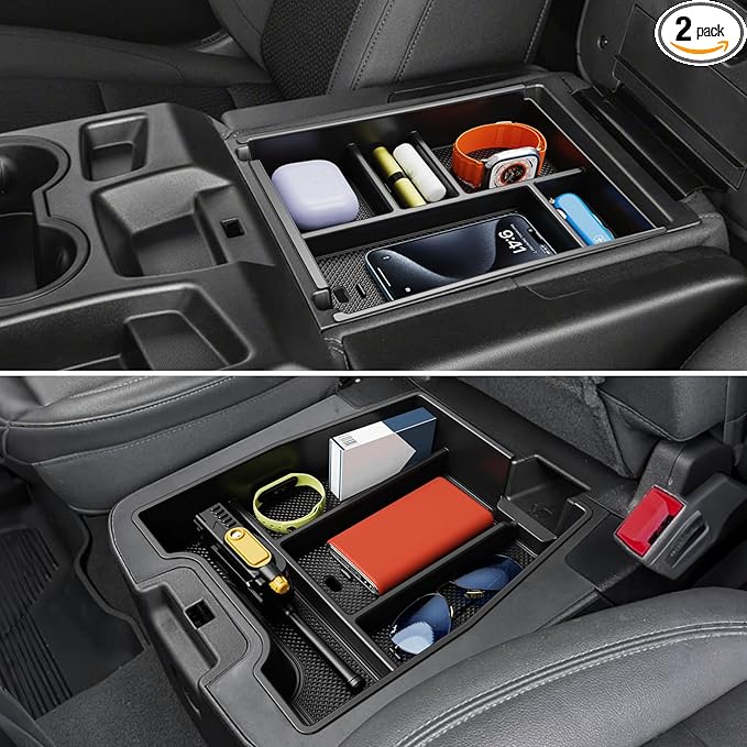 Center Console Organizer, 2PCS Storage Tray Compatible with 2019-2025 Chevy Silverado/GMC Sierra 1500 & 2020-2025 Chevy Silverado/Sierra 2500HD 3500HD (Split-Bench Folding Seat)-Black