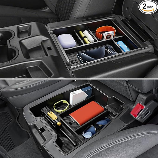 Center Console Organizer, 2PCS Storage Tray Compatible with 2019-2025 Chevy Silverado/GMC Sierra 1500 & 2020-2025 Chevy Silverado/Sierra 2500HD 3500HD (Split-Bench Folding Seat)-Black
