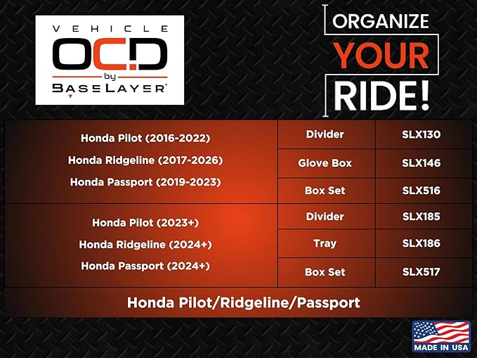 Vehicle OCD – Center Console Tray for Pilot (2023-2026), Ridgeline (2024-2026), and Passport (2024-2026) – Made in USA - SLX186