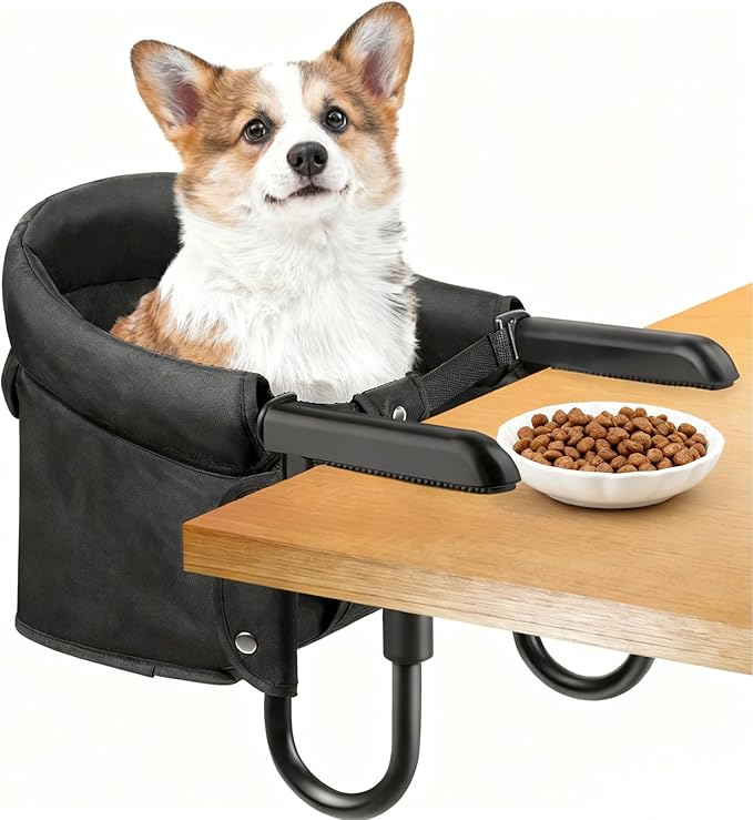 Dog & Cat Table High Chair, Adjustable Pet Booster Seat for Feeding & Desk Use, Secure Seatmate Chair for Small Pets, Office & Dining Table Perch, Black