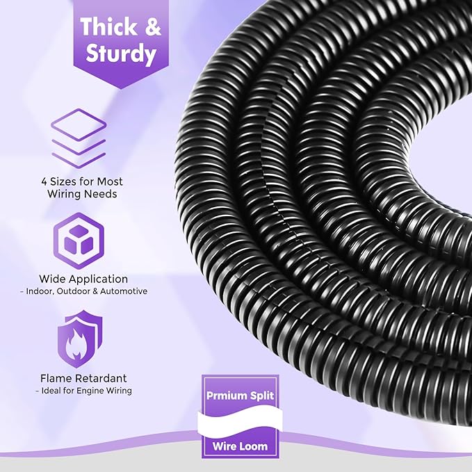 Automotive Wire Loom Flame Retardant Split Wire Loom Tubing Assortment Wiring Loom Kit Plastic Cover Electrical Covering Conduit Protective Wire Wrap Cable Sleeves Black 1/4", 1/2", 3/8", 3/4"x 30 Ft