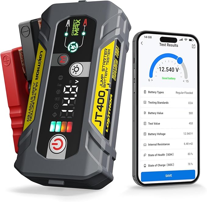 LOKITHOR JT400 12V Jump Starter and Battery Tester 2-in-1, 2500A Battery Jumper Starter Portable for Up to 8.5L Gas & 6.5L Diesel Engines, 100-2000 CCA Load Capacity Automotive Load Tester (Yellow)