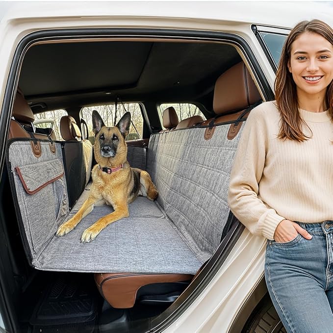 APetsPlanet Backseat Extender for Dogs, Dog Seat Cover Hard Bottom for Car Backseat & Truck Travel Bed, Platform Hammock Mat Converts Rear Seat Into Backseat Bed, Grey with Door Covers
