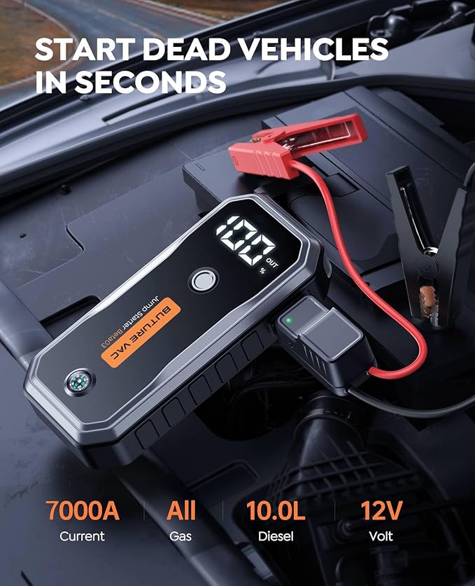 Professional-Grade 7000A Peak Car Battery Jump Starter (All Gas/10L Diesel) 5000A CCA Portable Car Jump Starter Battery Pack, 12V Safe Jump Box Jumper Starter with Extended Jumper Cables, DC, Lights
