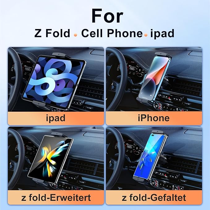 Z Fold 5 Car Mount, [360° Rotatable& Firmly Grip & Never Fall Off] Vent Tablet Mount for Car, iPad mini Car Mount for Samsung Z Fold 7 6 5 4 3 2 iPhone 16 Google Motorola LTC