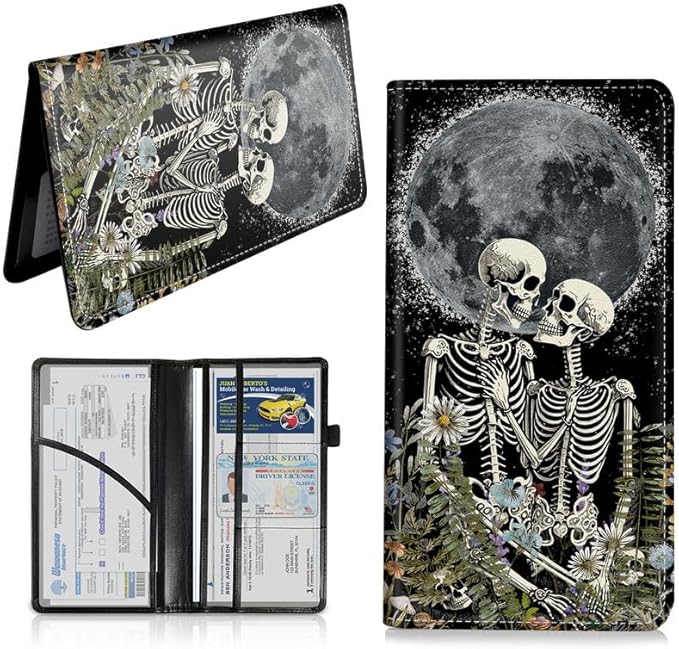 Car Registration and Insurance Card Holder, Vehicle License Documents Glove Box Compartment Organizer Wallet, ID Card Holder for Car Essentials Automobile, Gothic Skeleton Romantic