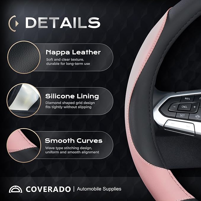 Coverado Car Steering Wheel Cover, Nappa Leather Black & Pink Steering Wheel Covers for Women, Universal 14-15 inch, Anti-Slip, Breathable Steering Wheel Protector