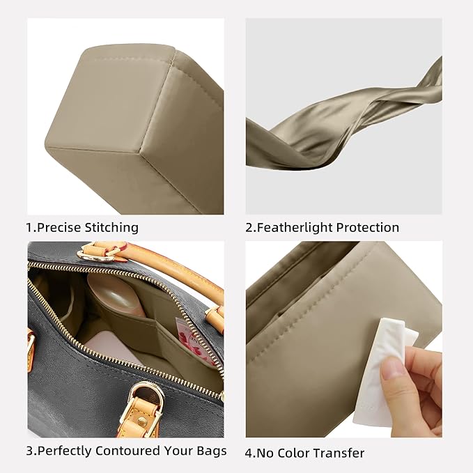 DGAZ Silk Purse Organizer Insert Fits LV Speedy 16/20/25/30/35/45 bags，Silky Smooth Bag Organizer，Luxury Handbag & Tote Shaper（Etoupe grey，SP16）
