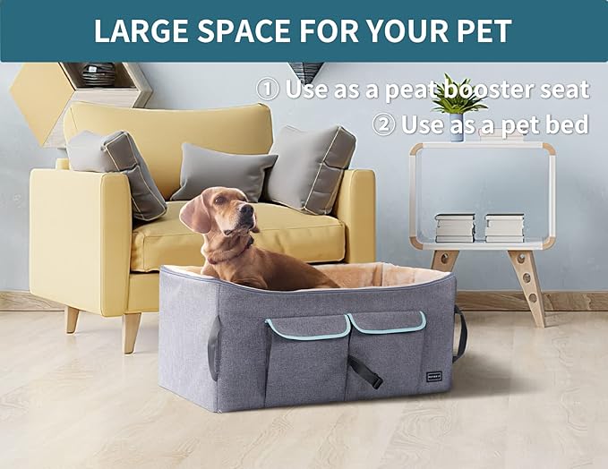 Petsfit Dog Car Seat for Large Dogs, Pet Travel Dog Booster Seat with 2 Safety Belt, Washable Double-Sided Cushion and Storage Pocket for Medium Dogs (Large, Light Grey)